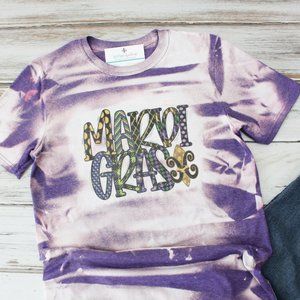 New Hand Bleached Unisex Tee Medium - Mardi Gras Text - RTS